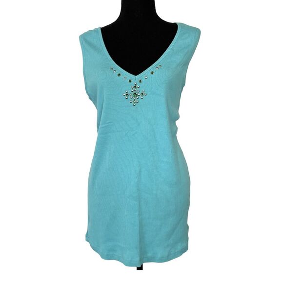 ROPER Ribbed Tank Top Turquoise Blue Rhinestone Embellished Cotton - Picture 1 of 10